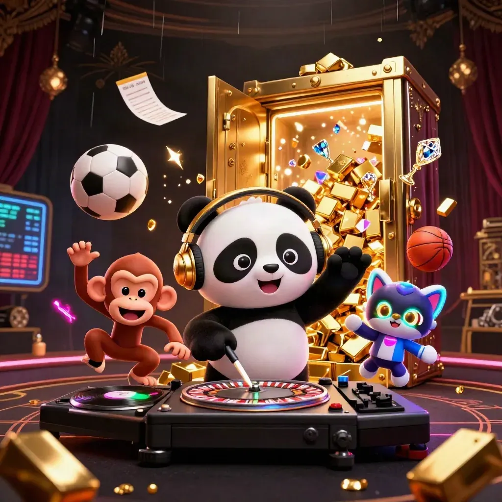 Panda DJ, breakdancing monkey, and glow-stick kitten amid casino gold and sports balls.