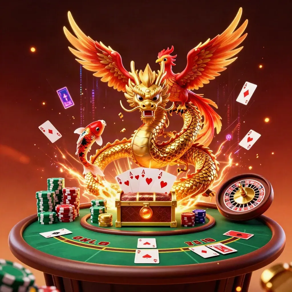 Golden dragon with phoenix and koi amid casino lights, treasure, chips, and cards in a dark neon hero tile.