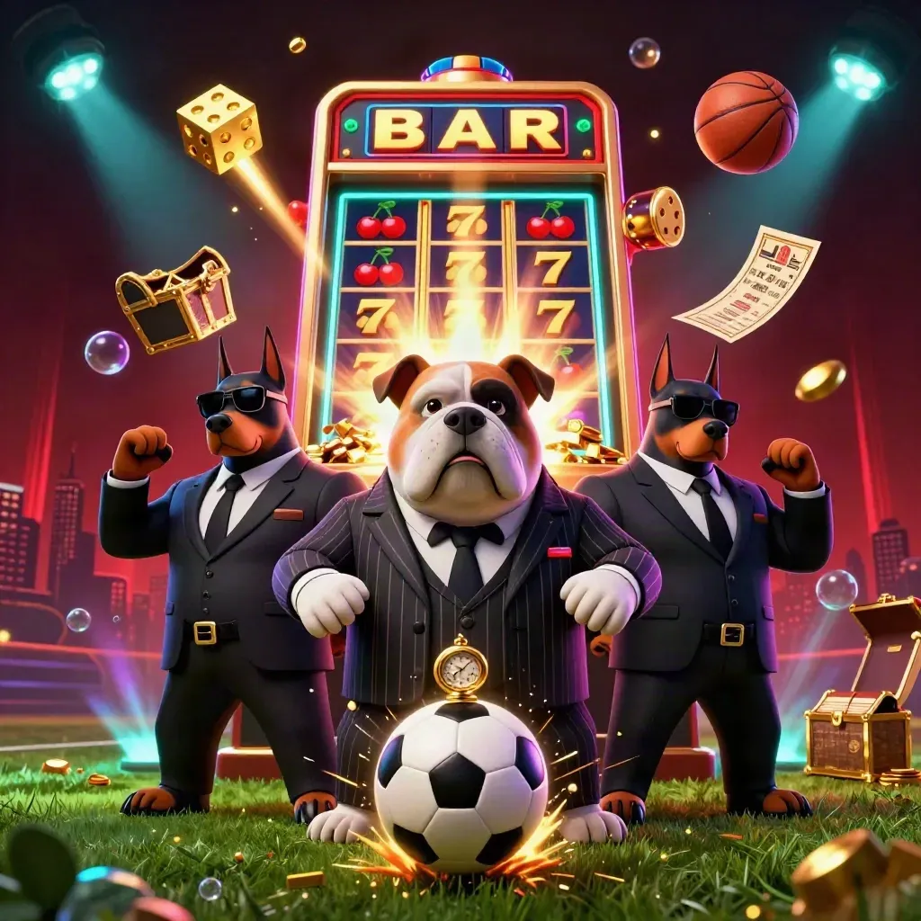 Low-angle bulldog mob boss, Dobermans, slot burst, soccer ball, gold, neon casino glow