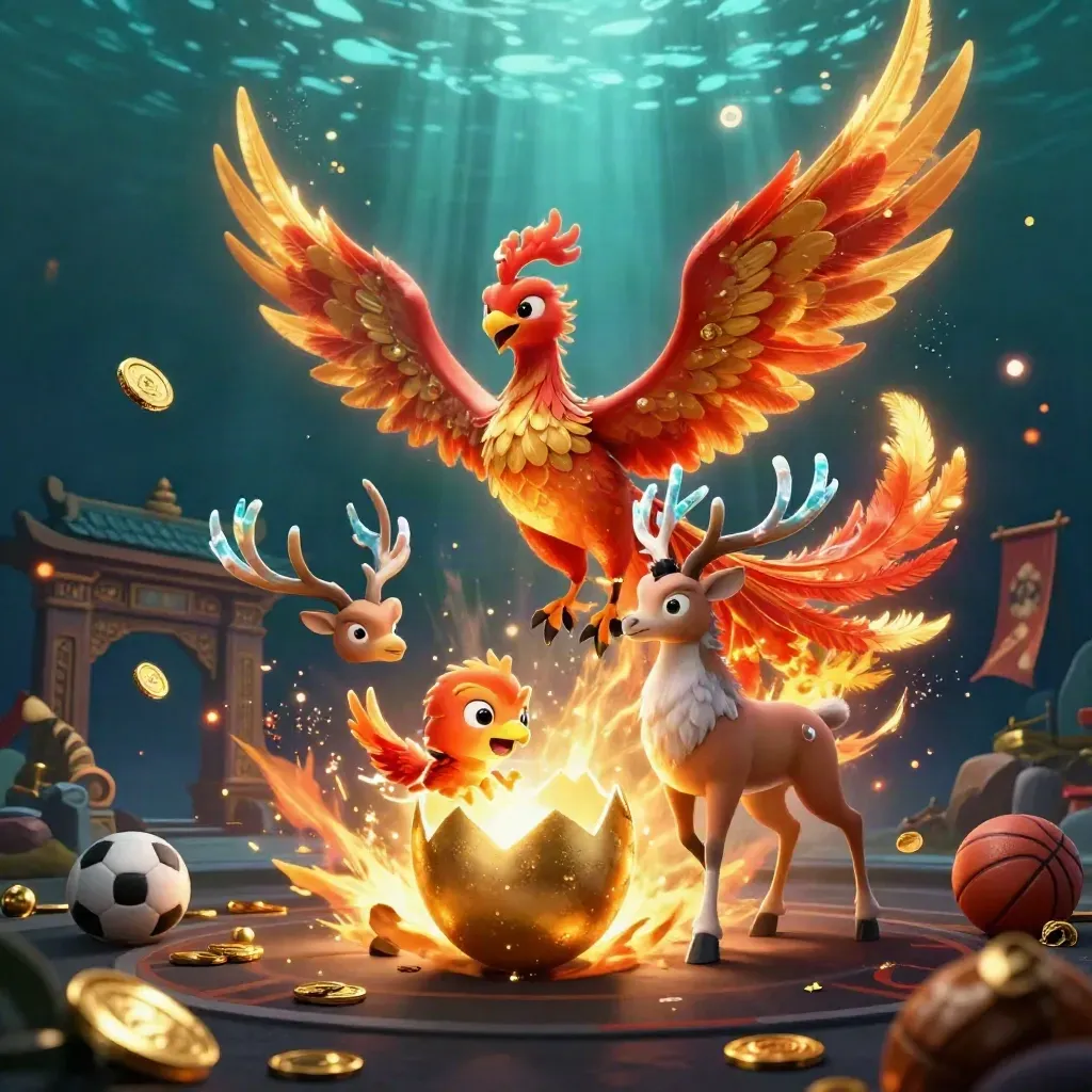 Phoenix and crystal stag surge around coins, balls, temple gate, and underwater light.