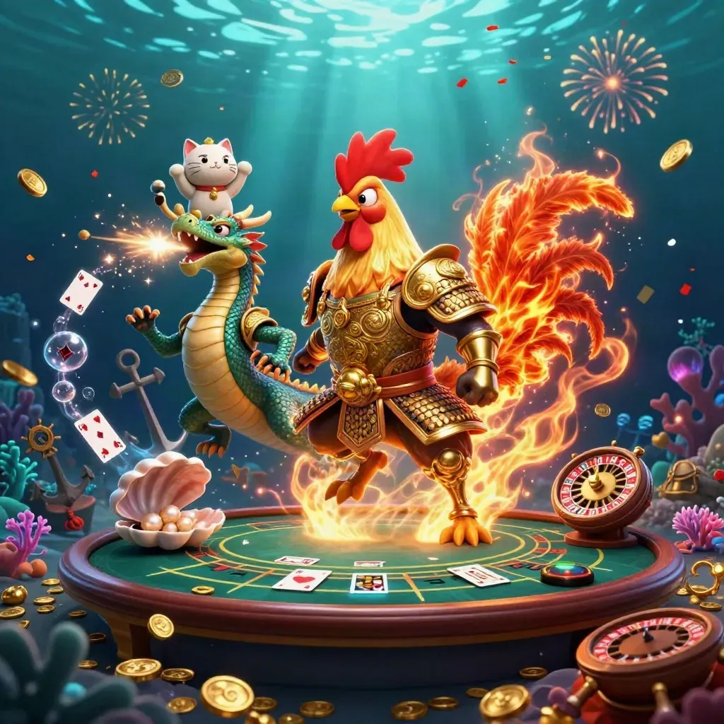 Rooster warrior, dragon hatchling, and fortune cat amid underwater treasure and casino magic.