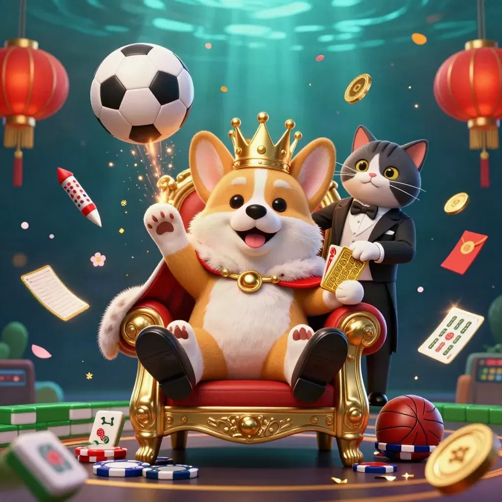 Royal corgi and cat butler amid flying sports gear, chips, lanterns and gold casino effects