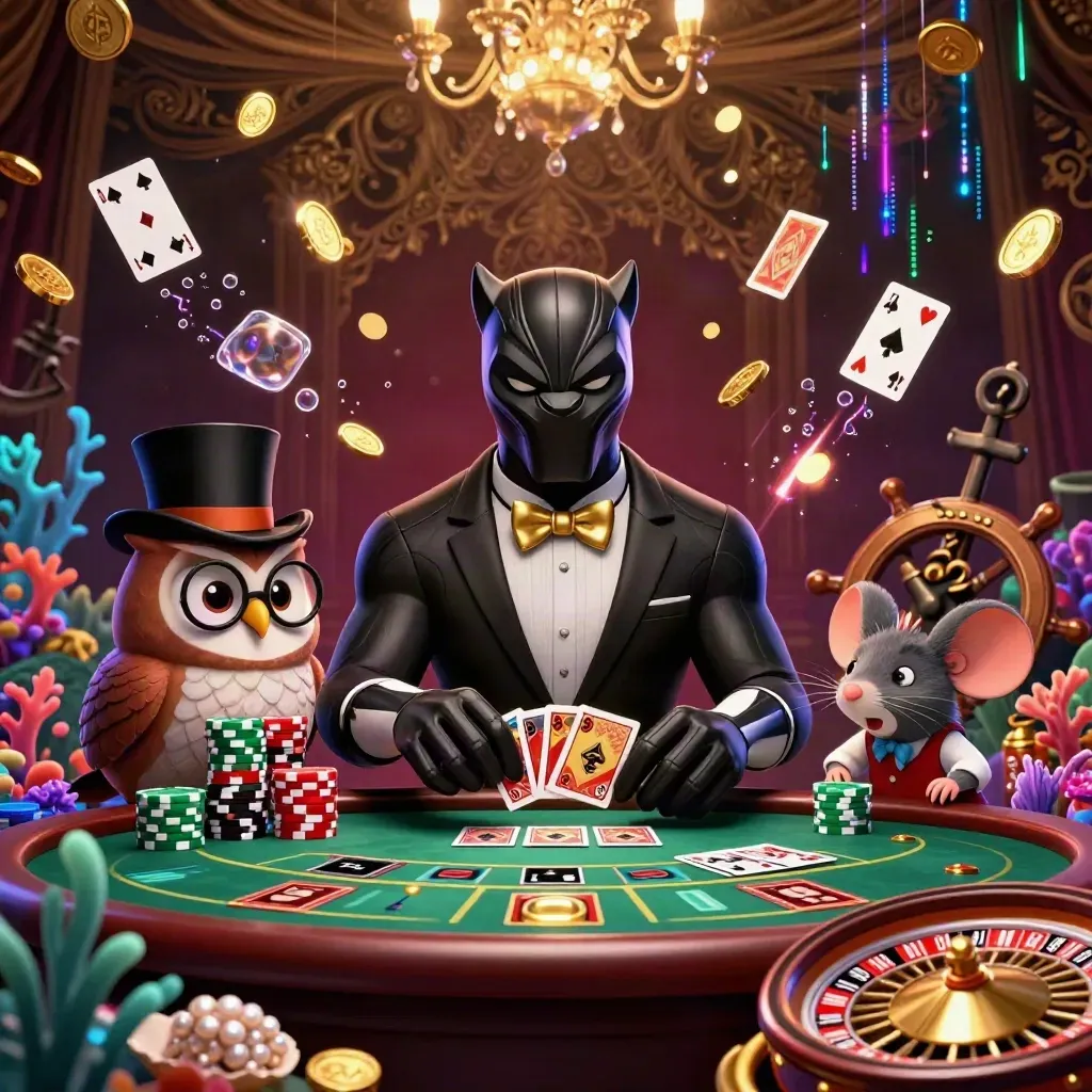 Black panther, owl, and mouse in a luxe casino cove with gold coins, coral, and neon energy.