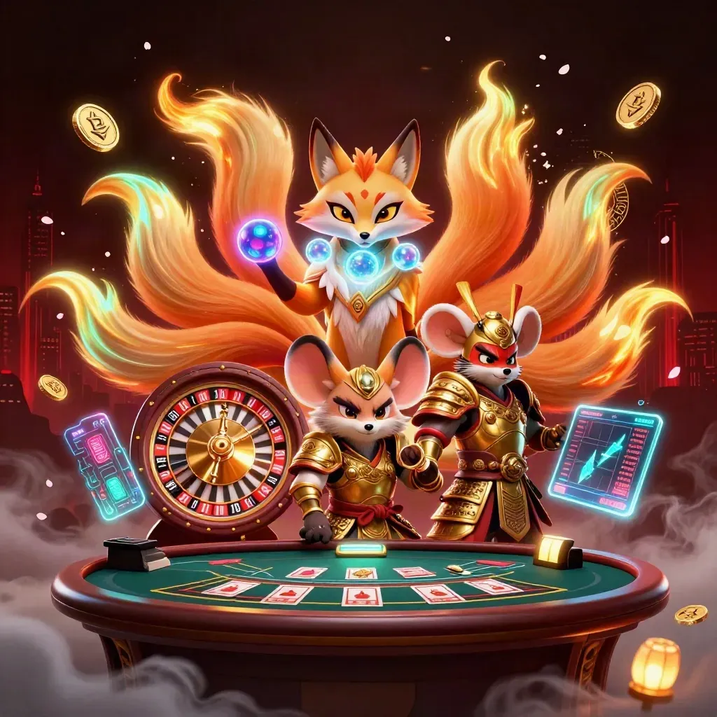 Neon fox spirit and armored mouse beside a spinning roulette wheel in a red-black casino glow.