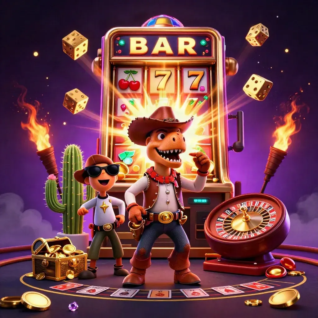 Cowboy T-Rex, cactus, and roadrunner burst through a glowing casino jackpot scene.