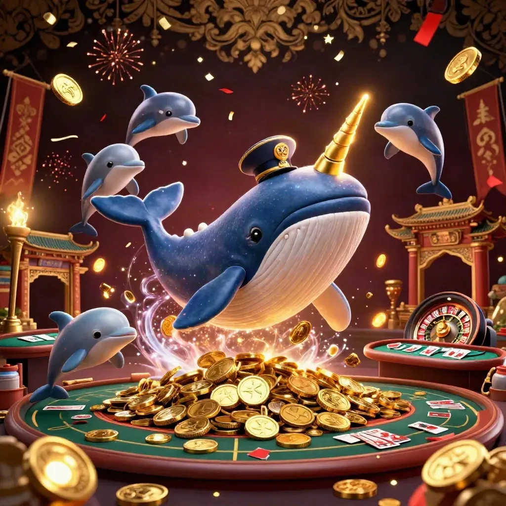 Whale captain, narwhal, and dolphins in a luxe live casino scene with coins, sparks, and banners.