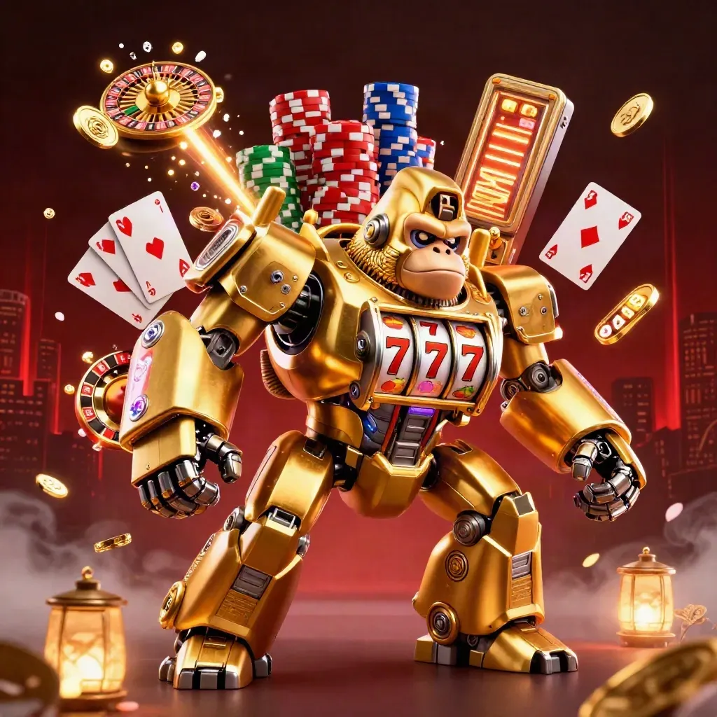 Golden gorilla mech with monkey pilot, coins, gems, roulette wheel, chips, and glowing casino effects