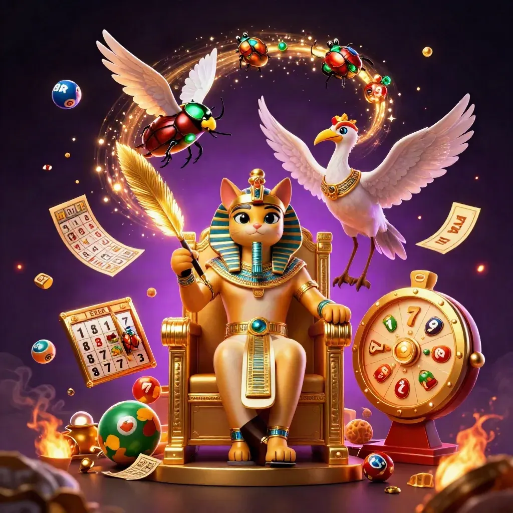 Pharaoh cat, ibis scribe, and scarab beetles amid casino bursts and glowing treasure