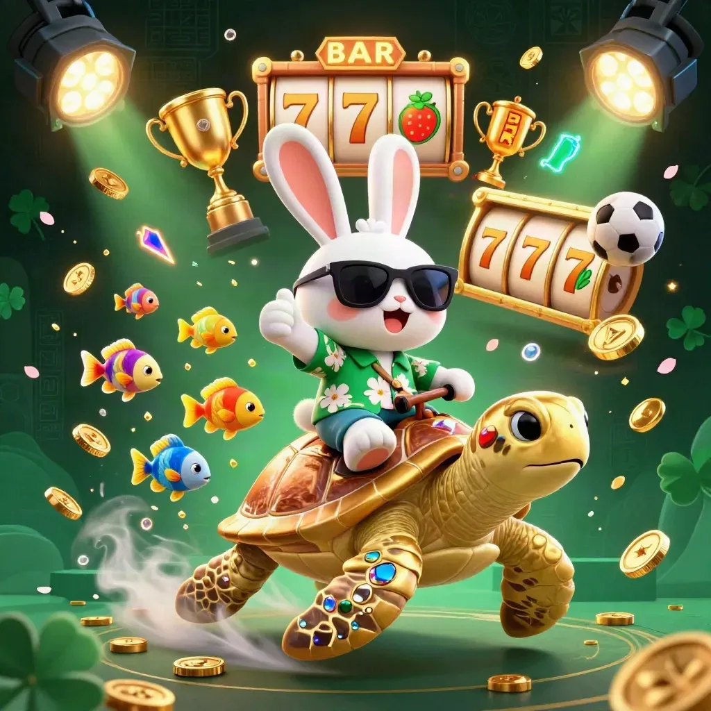 Lucky rabbit rides a jeweled turtle amid gold coins, sports balls, and emerald casino glow.