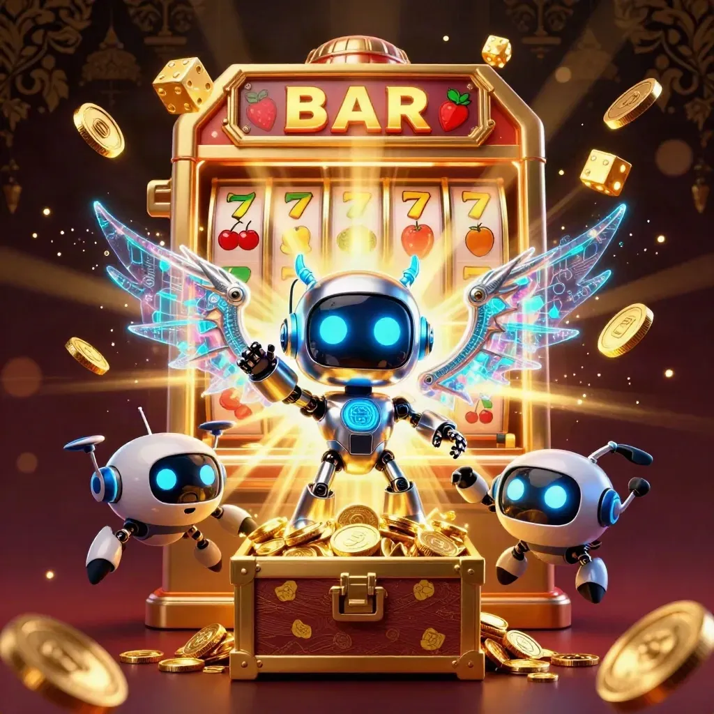 Robot mascot, holographic dragon and coin drone amid casino bursts, gold gems and slot chaos.