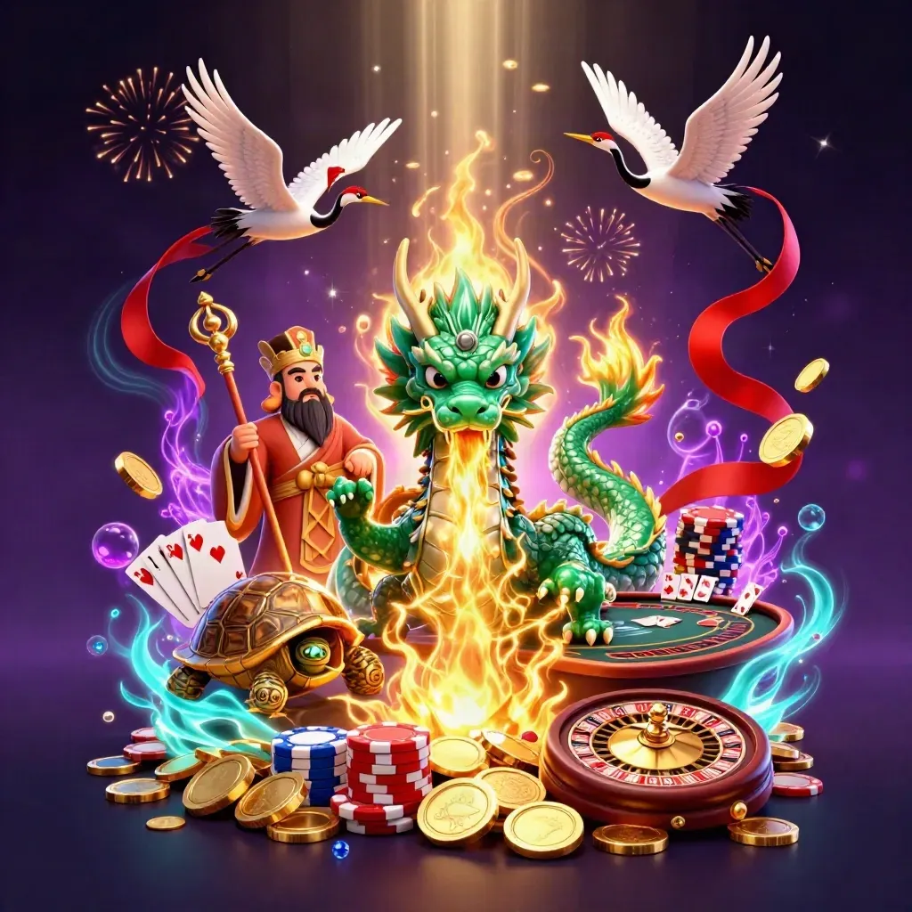 Emerald dragon, turtle sage, and cranes amid casino coins, cards, chips, and neon treasure burst.