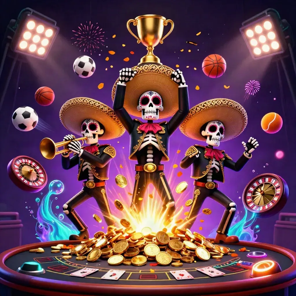 Skeleton mariachi trio amid coins, fireworks, sports props, and casino glow.