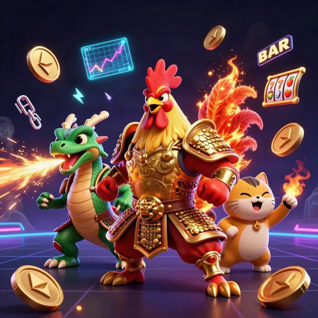 Rooster samurai, dragon hatchling and lucky cat amid casino coins, reels and neon sparks