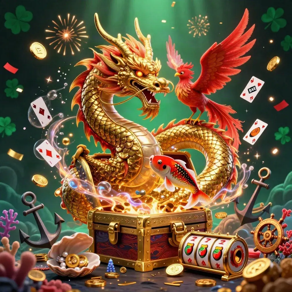 Golden dragon, red phoenix, and koi amid casino treasure, coins, reels, and emerald glow.