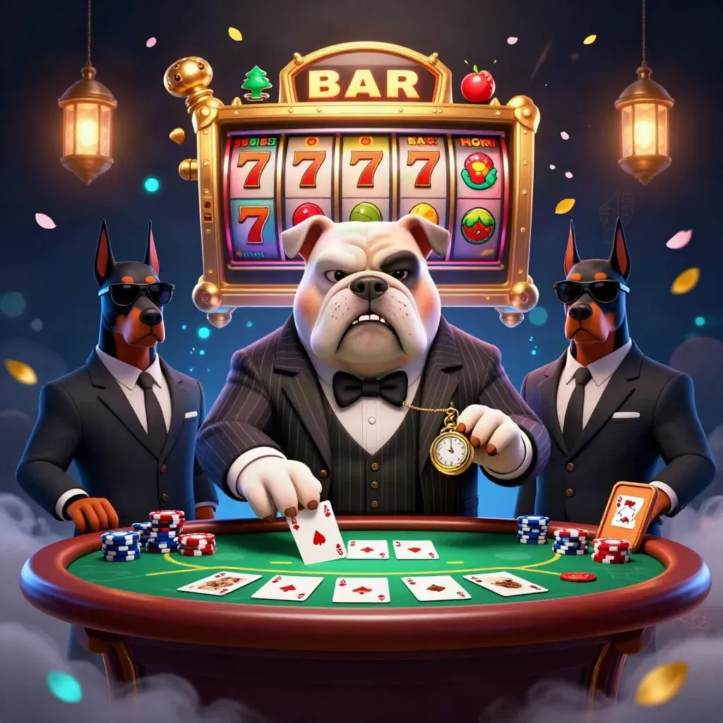 Cartoon bulldog boss with two bodyguards amid chips, cards, reels, and neon casino glow.