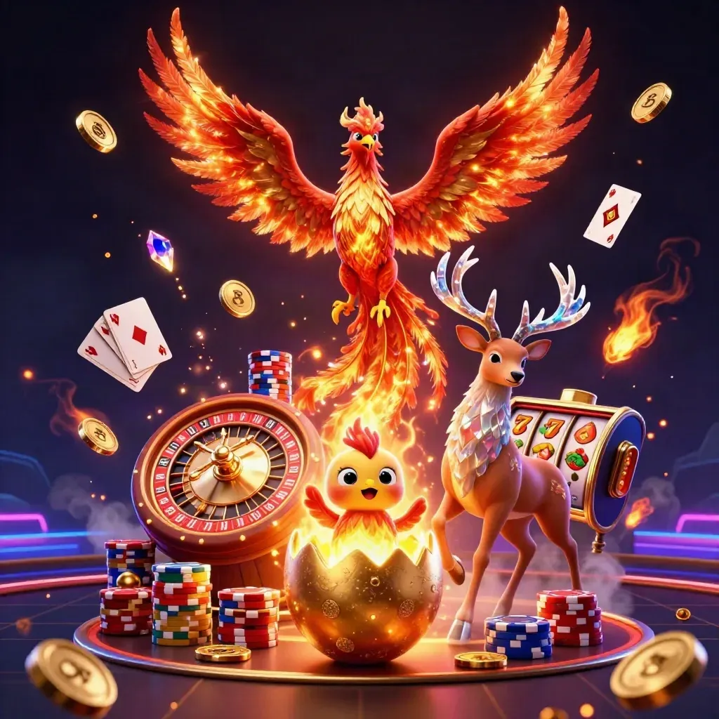 Phoenix, hatching chick, and crystal stag burst through casino coins on a dark neon backdrop.