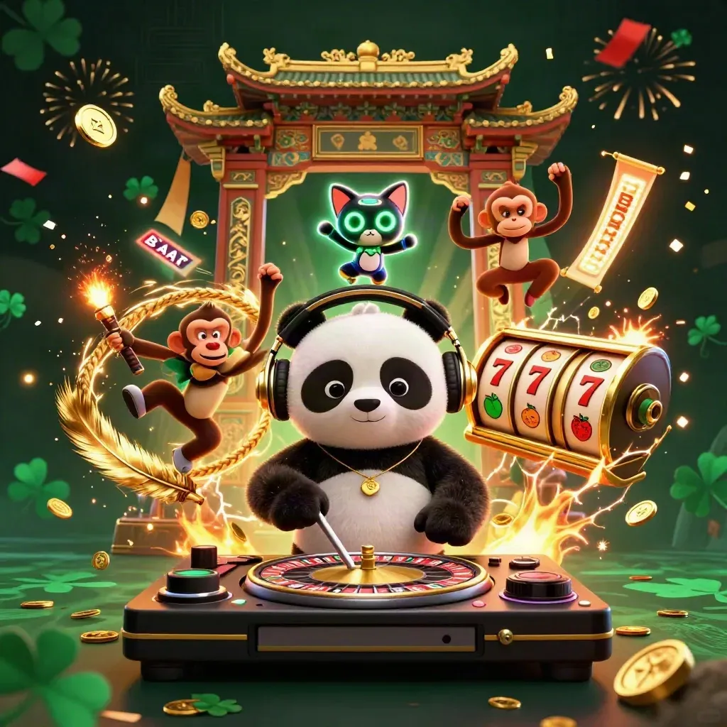 DJ panda, breakdancing monkey, and rave kitten amid casino symbols and fireworks