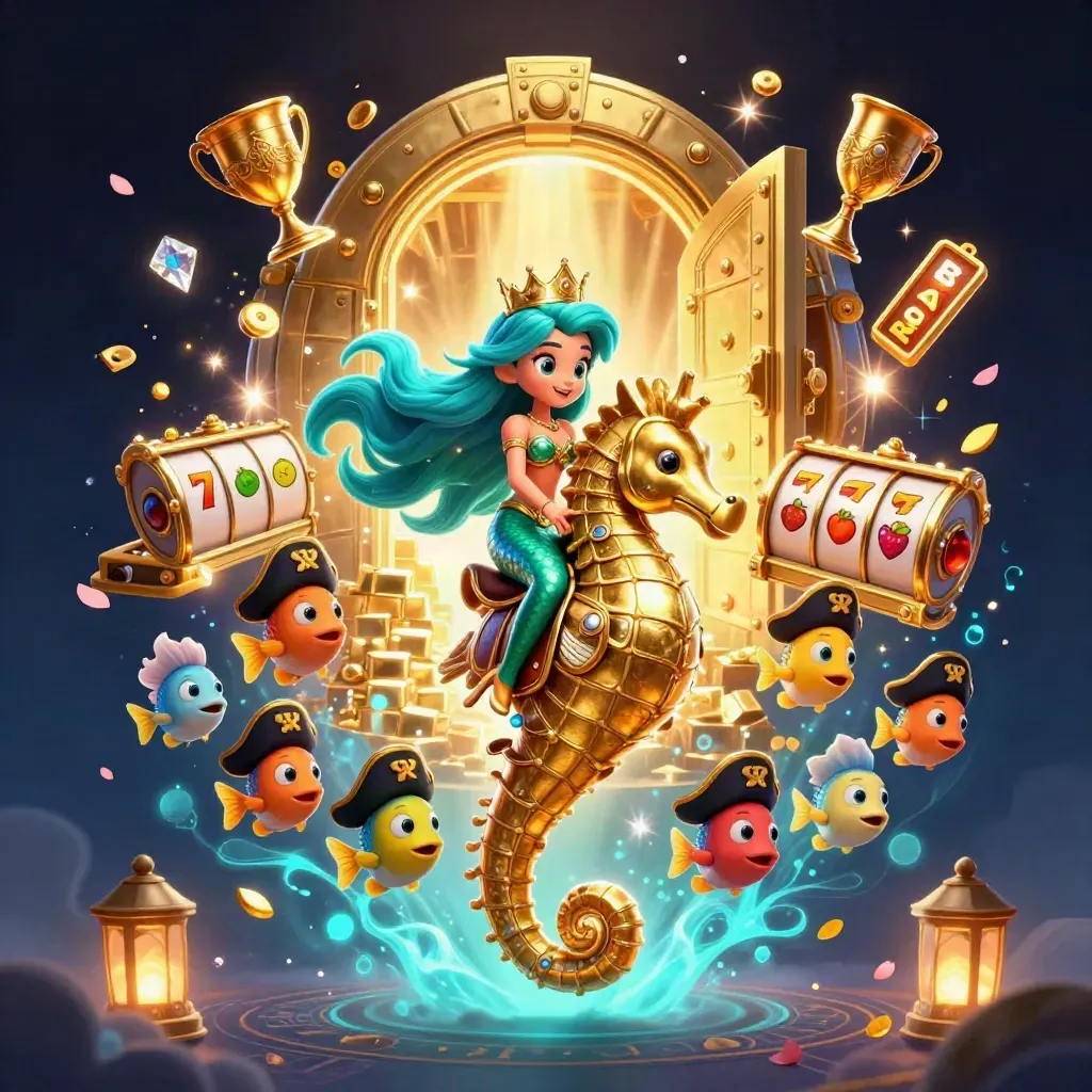 Mermaid princess on armored seahorse amid treasure, fish, reels, and glowing casino magic.