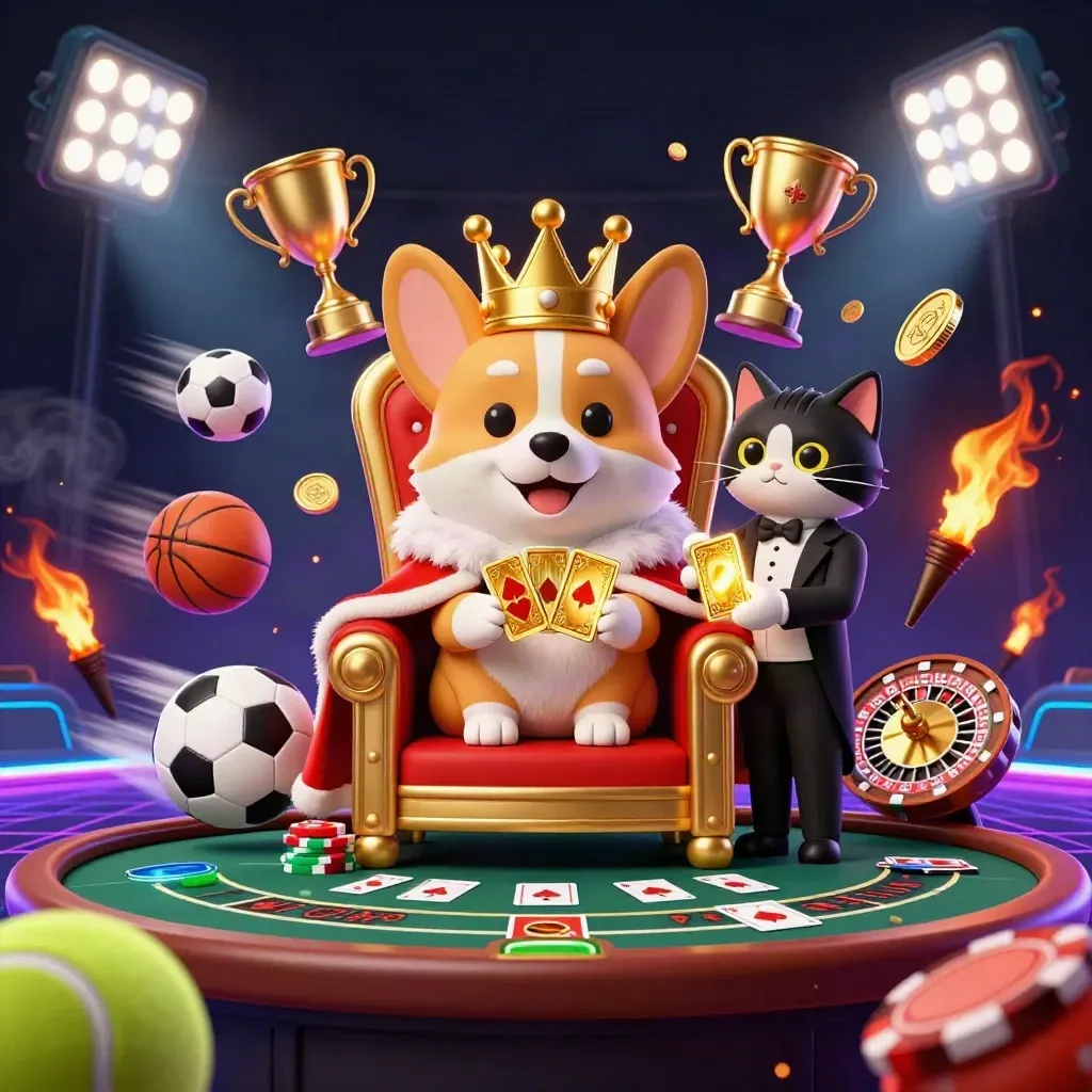 Royal corgi and cat butler amid casino props, coins, balls, trophy, and neon lights.