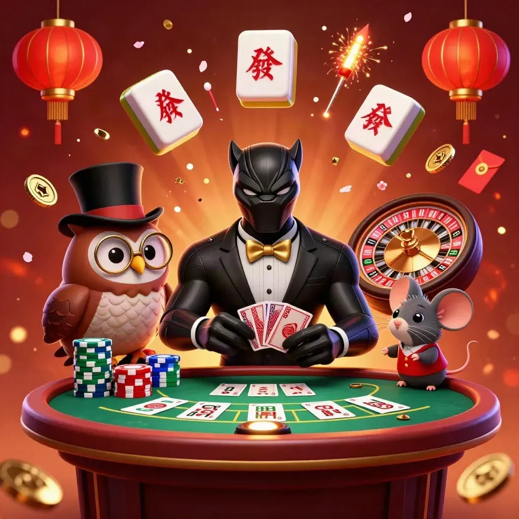 Panther, owl, and mouse casino heroes amid chips, cards, lanterns, coins, and glowing effects