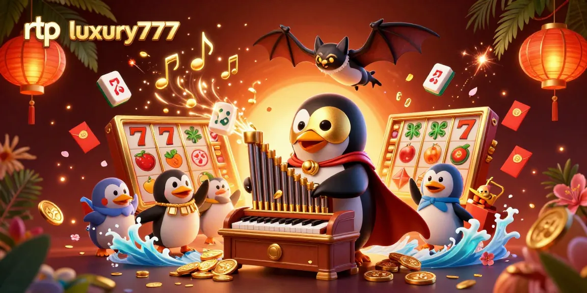 Melihat rtp luxury777 dalam ilustrasi kasino yang meriah dengan penguin dan elemen slot