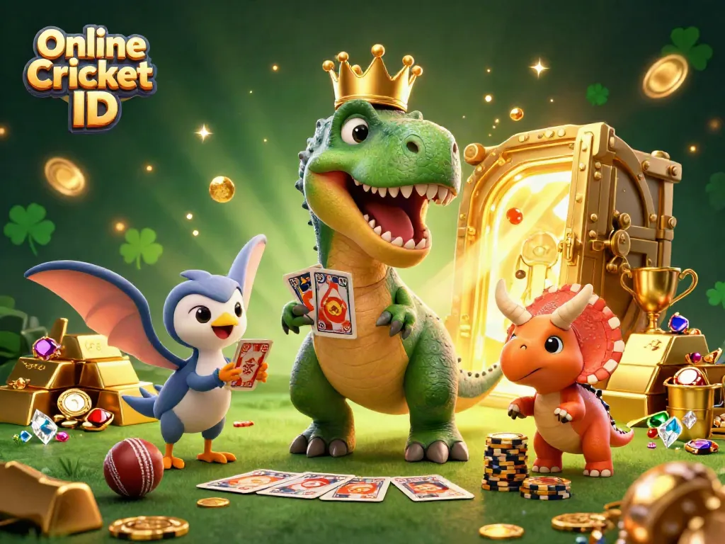 Engage with Online Cricket ID through an exciting 3D scene featuring a T-Rex and vibrant gambling elements.