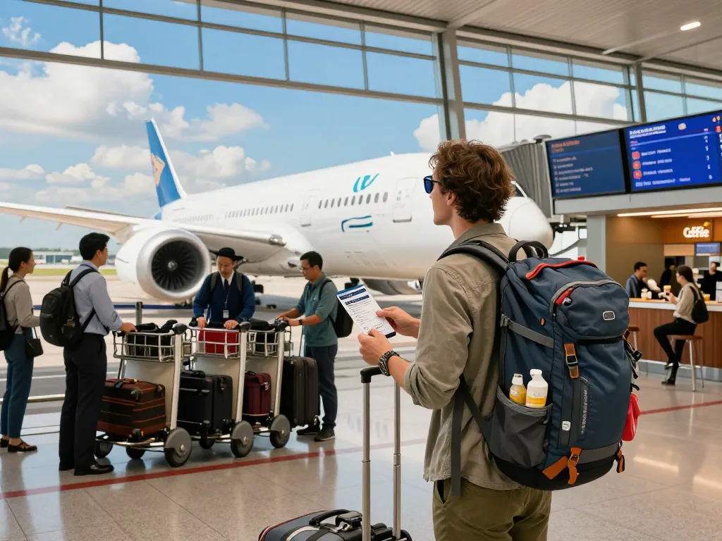 Traveler excitedly boarding the 789P flight at an airport terminal, with a Boeing 787-9 in the background.