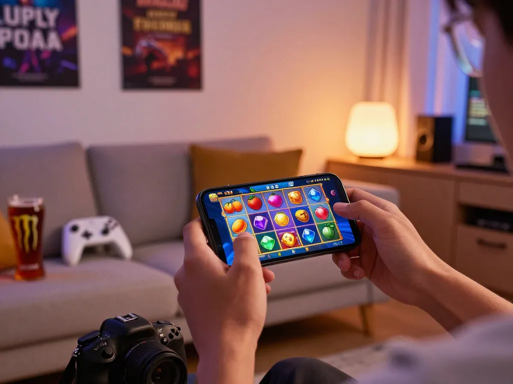 Saat bermain yang menarik dengan seorang pemain yang berinteraksi dengan slot laoban188 di smartphone dalam suasana ruang tamu yang nyaman.