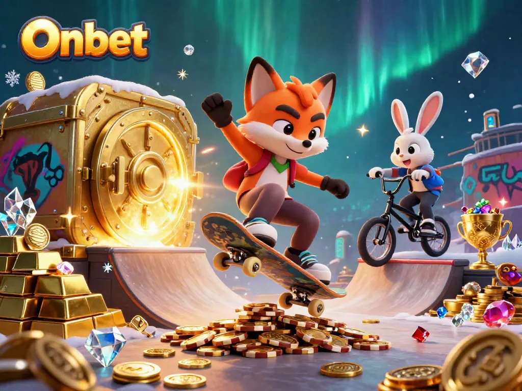 Experience dynamic gaming at Onbet with vibrant 3D action between a fox and rabbit in a lavish casino setting.