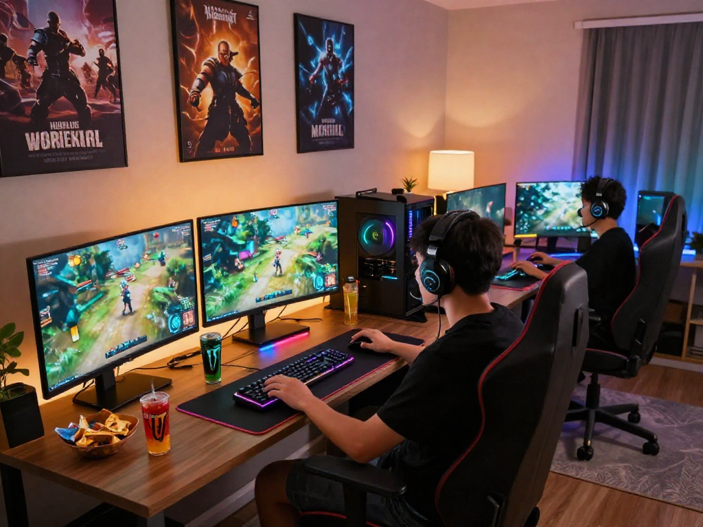 Engaging gaming setup at mpocash.blog showcasing vibrant screens and an enthusiastic gamer.