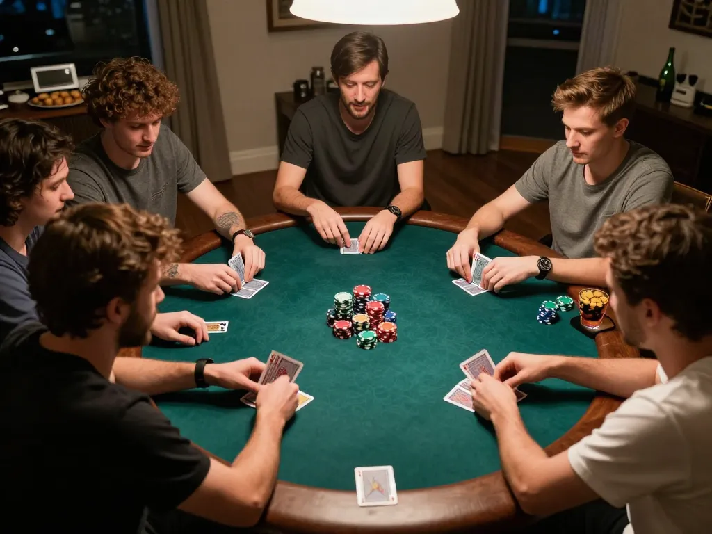 Players engaged in a thrilling poker game, showcasing mpoid strategies for winning hands and social interaction