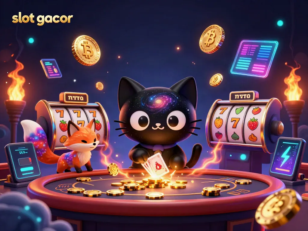 Engage with slot gacor excitement at a cosmic casino with vibrant jackpots and glowing coins.