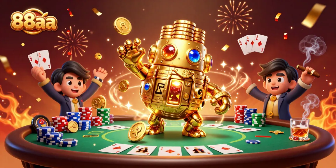 Experience the thrill of 88aa with a vibrant illustration of a golden golem amidst poker chips and cards.