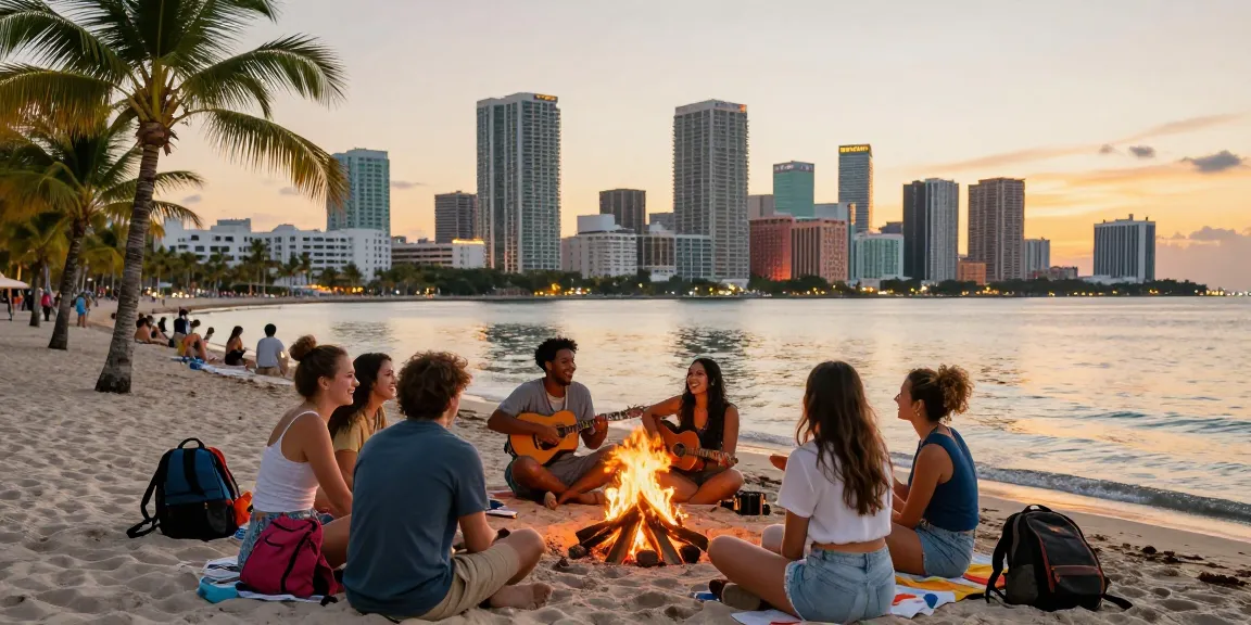 Sekelompok teman menikmati suasana pantai di Miami sambil bersantai di https://miami4d.com/ dengan api unggun dan tawa.