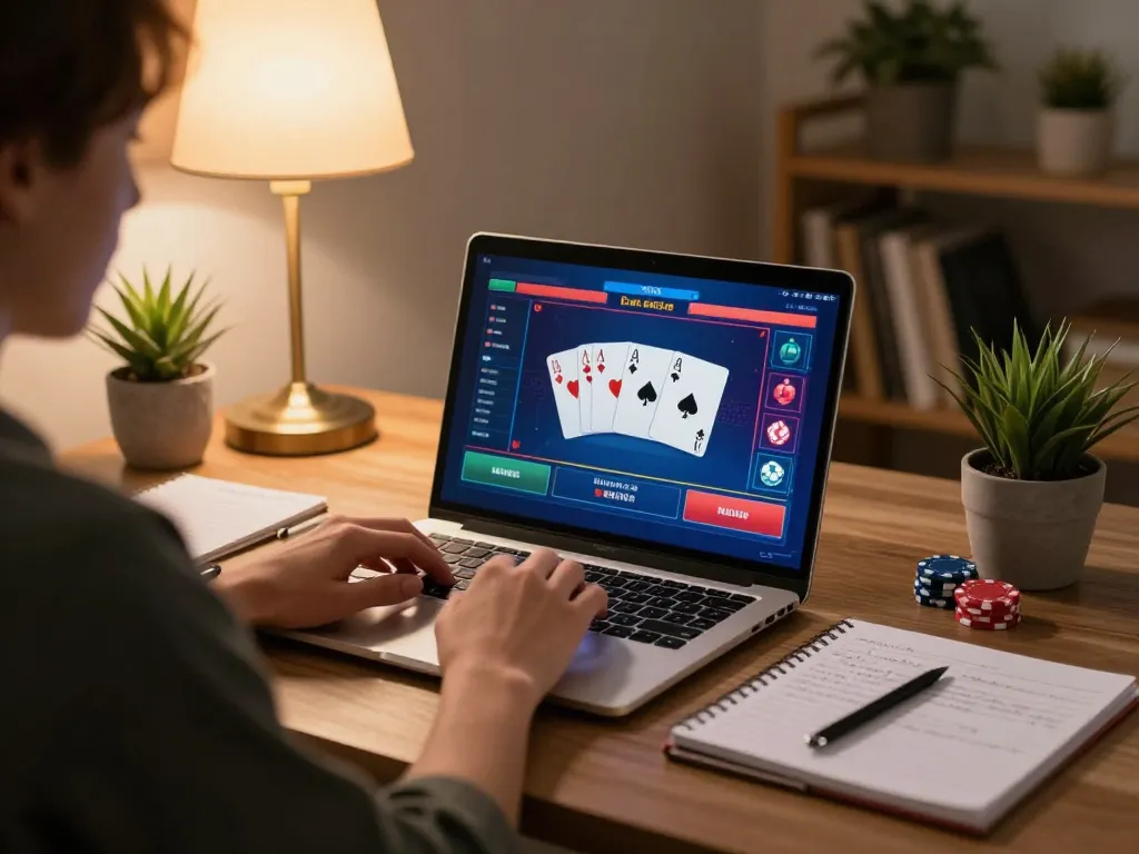Player engaged in online pg88 gaming with poker cards and notes in a cozy home setting