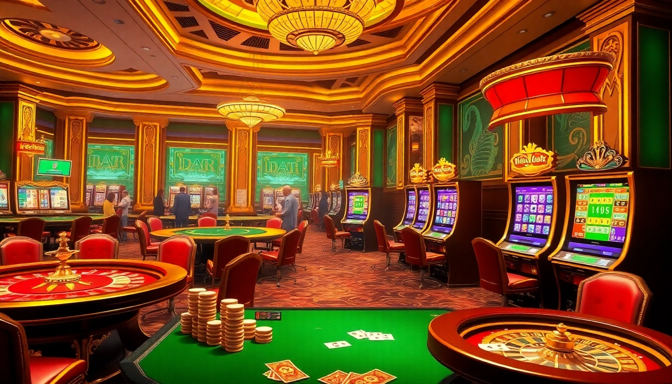 Spin the idn slot machine amid a vibrant casino environment featuring poker tables and roulette wheels.