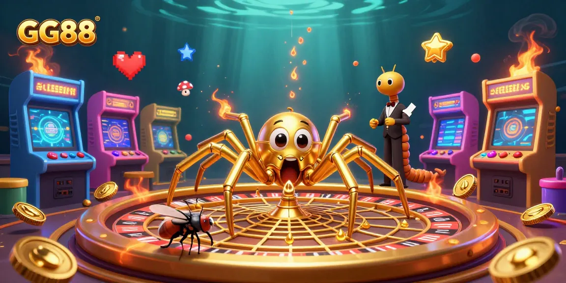 Engage with GG88 as the golden spider spins a roulette wheel web in this vibrant casino scene.