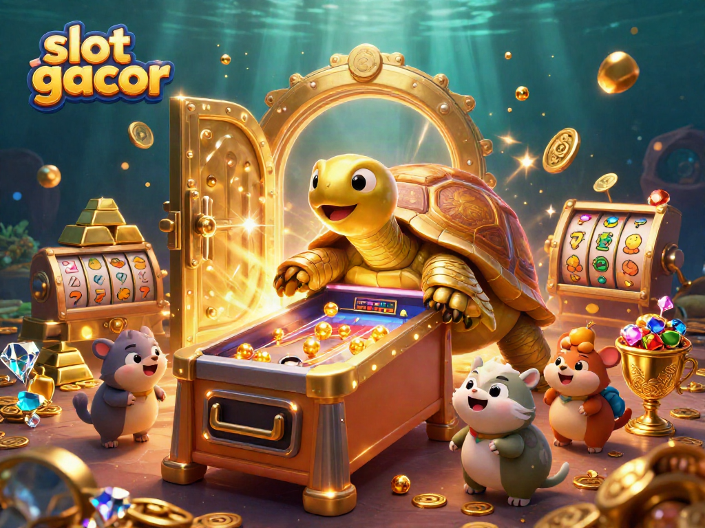 Experience slot gacor excitement with a vibrant 3D illustration of a fortune-filled casino scene.