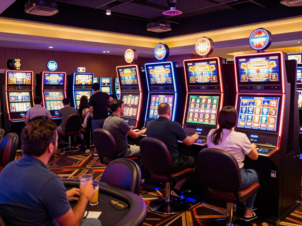 Players excitedly engaging with GEM WIN slot machines, capturing thrilling casino experiences.
