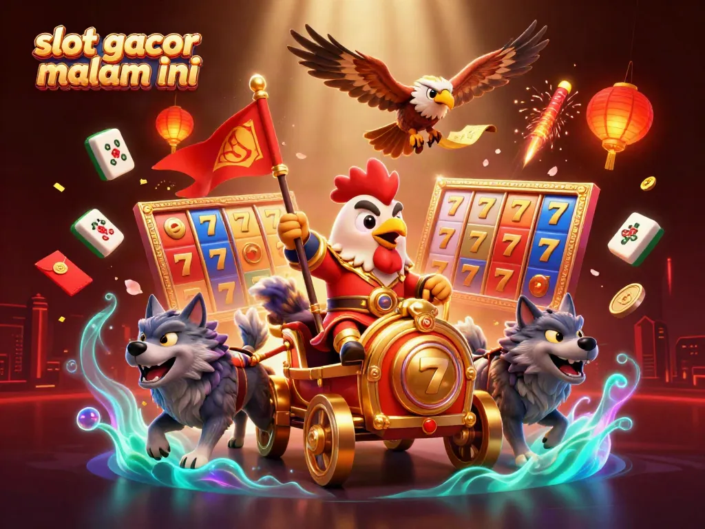 Ilustrasi 3D berwarna-warni dari slot gacor malam ini dengan karakter unik dan elemen kasino.