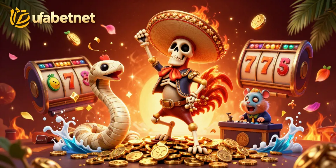 Experience the excitement of ufabetnet with colorful characters dancing among slot reels and golden coins.