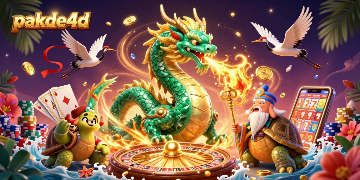 Experience pakde4d excitement with a jade dragon, lucky cranes, and casino elements in dynamic 3D illustration.