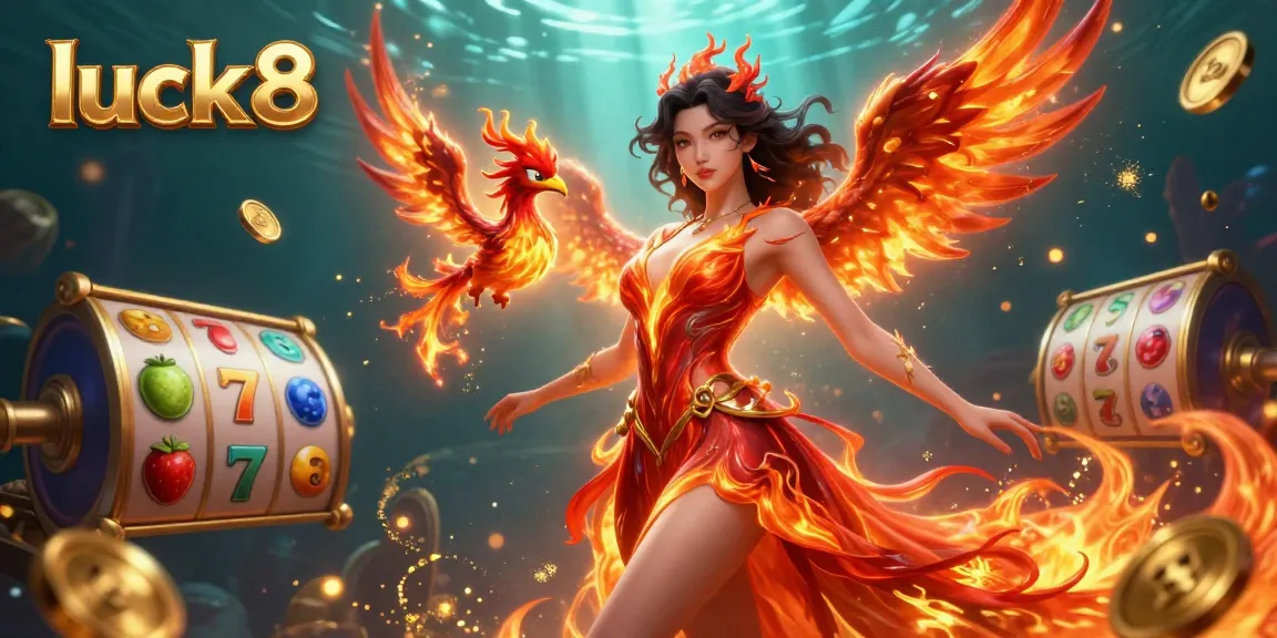 Experience explosive jackpots with luck8, illustrated through vibrant gaming elements and a fiery phoenix.