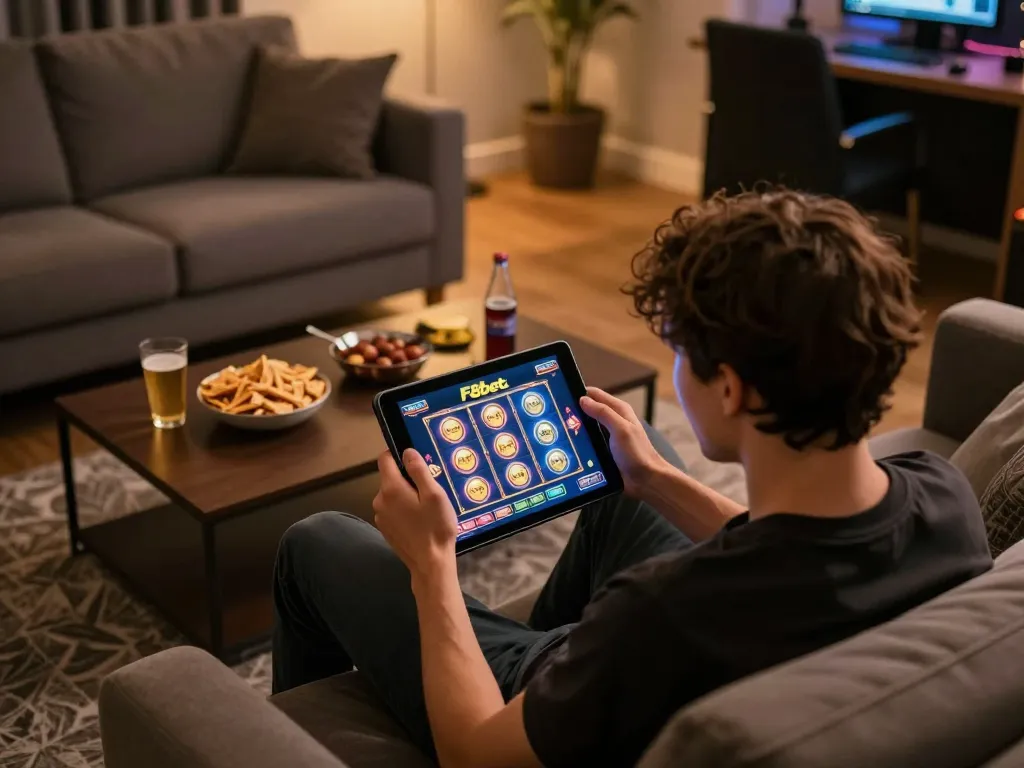 Engaging gameplay on F8bet tablet while relaxing at home, showcasing a dynamic online slot experience.