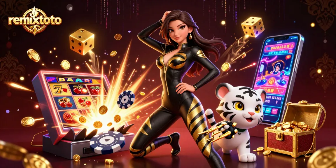 Experience thrilling gaming at remixtoto with vibrant visuals of acrobatic characters and slot machines.