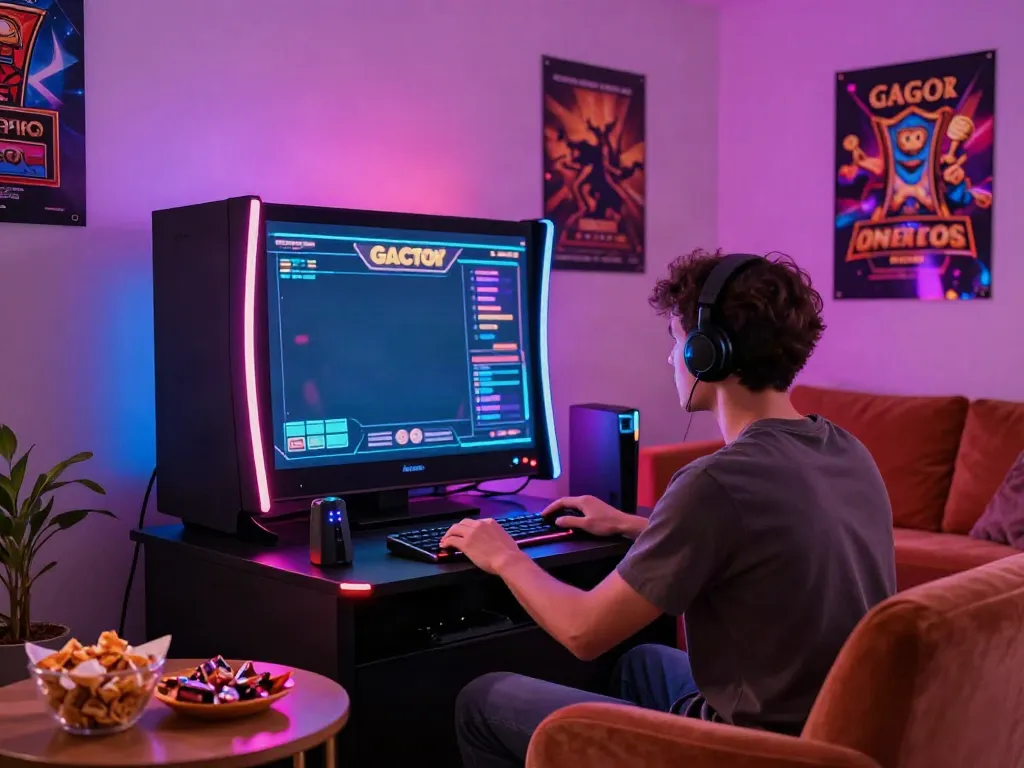 Engaged player spinning SLOT GACOR machine in a vibrant gaming room.