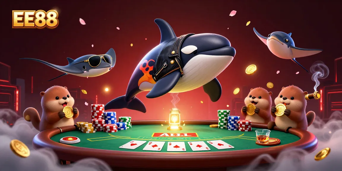 Engage with EE88's vibrant casino world through a thrilling poker scene with characters and dynamic elements.