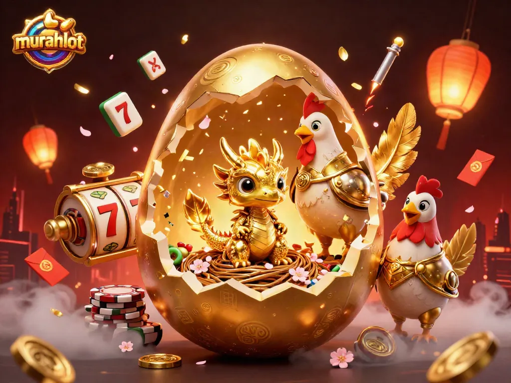 Menangkan jackpot di murahslot dengan naga emas dan tumpukan chip poker yang megah.