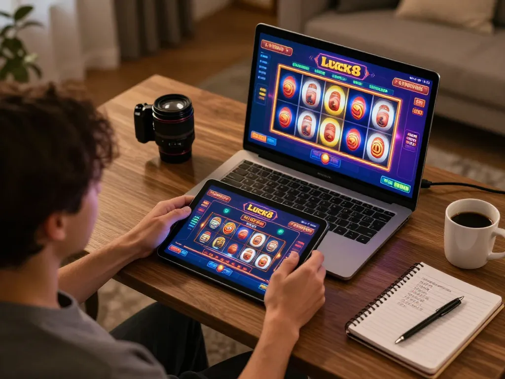 Engage with Luck8's online gaming as a player spins the reels on a tablet in a cozy setting.