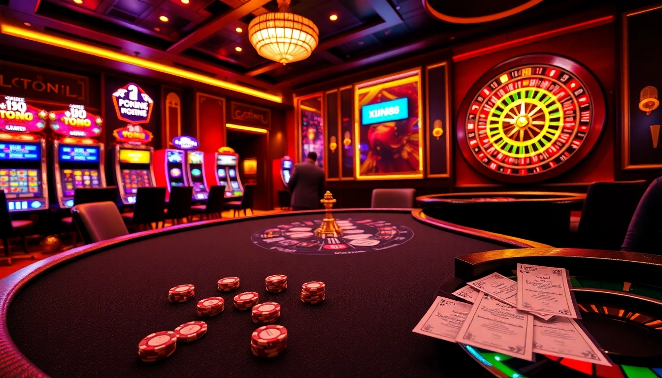 Exciting action at a xin88 online casino featuring poker, roulette, and vibrant slot machines.